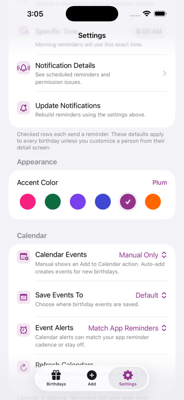 And Many More settings screen
