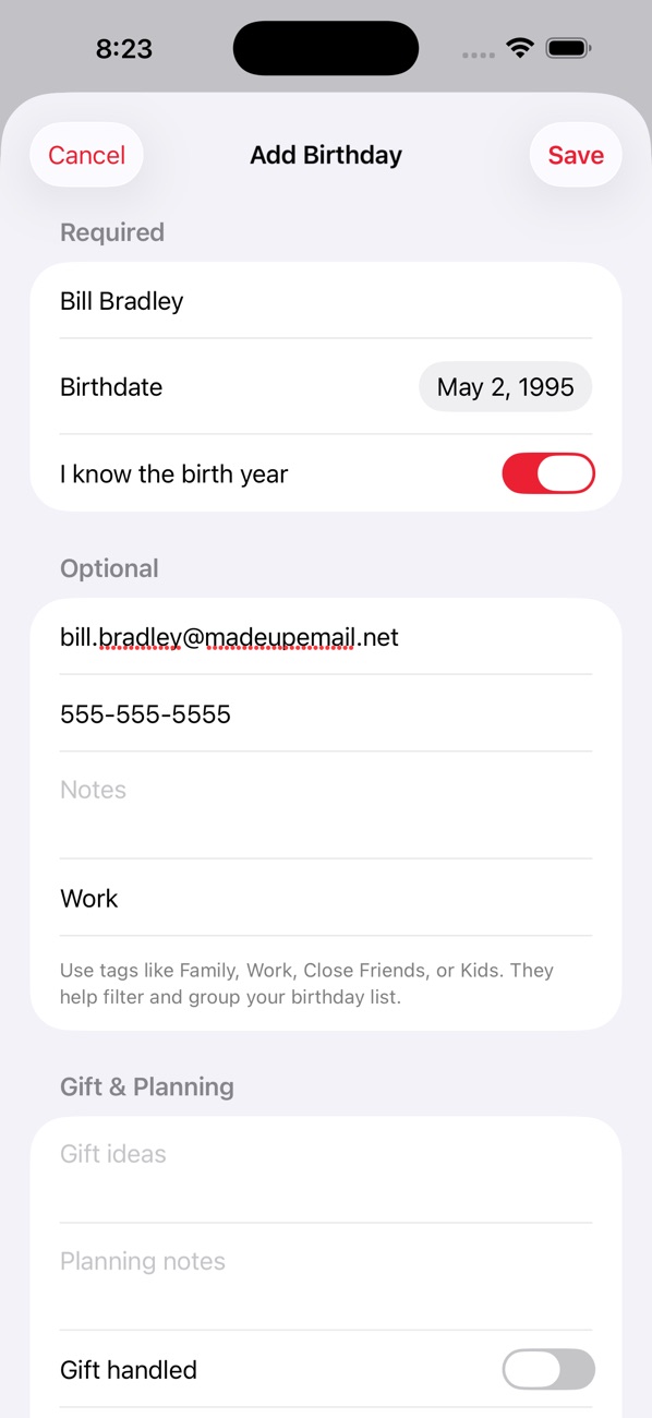 And Many More add birthday form with contact info, tags, gift ideas, and planning notes