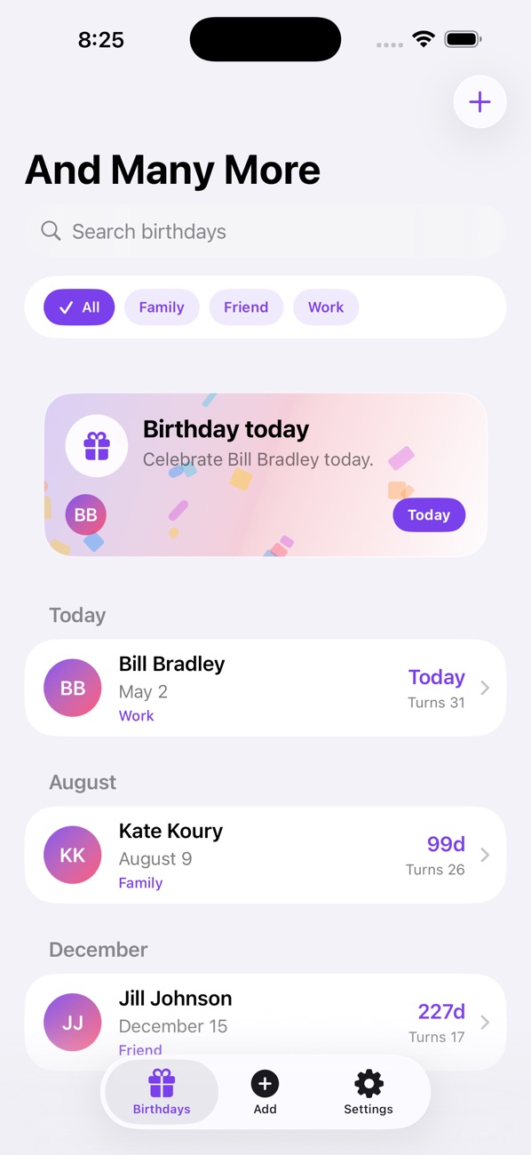 And Many More birthday list with a birthday-today card and tag filters