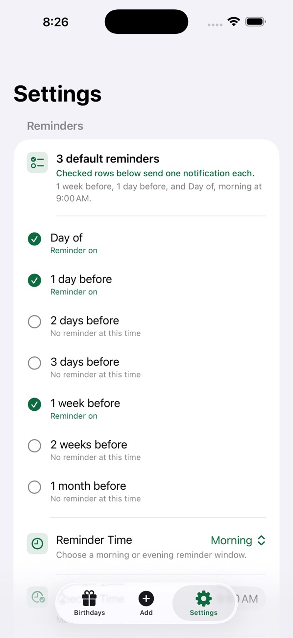 And Many More default reminder timing settings