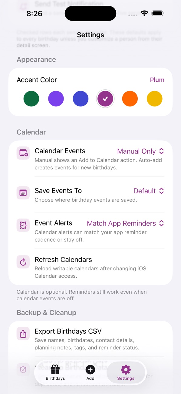 And Many More settings with accent colors, calendar options, and CSV backup
