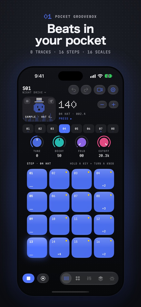 DuoBeat step sequencer with 8 tracks and 16 steps