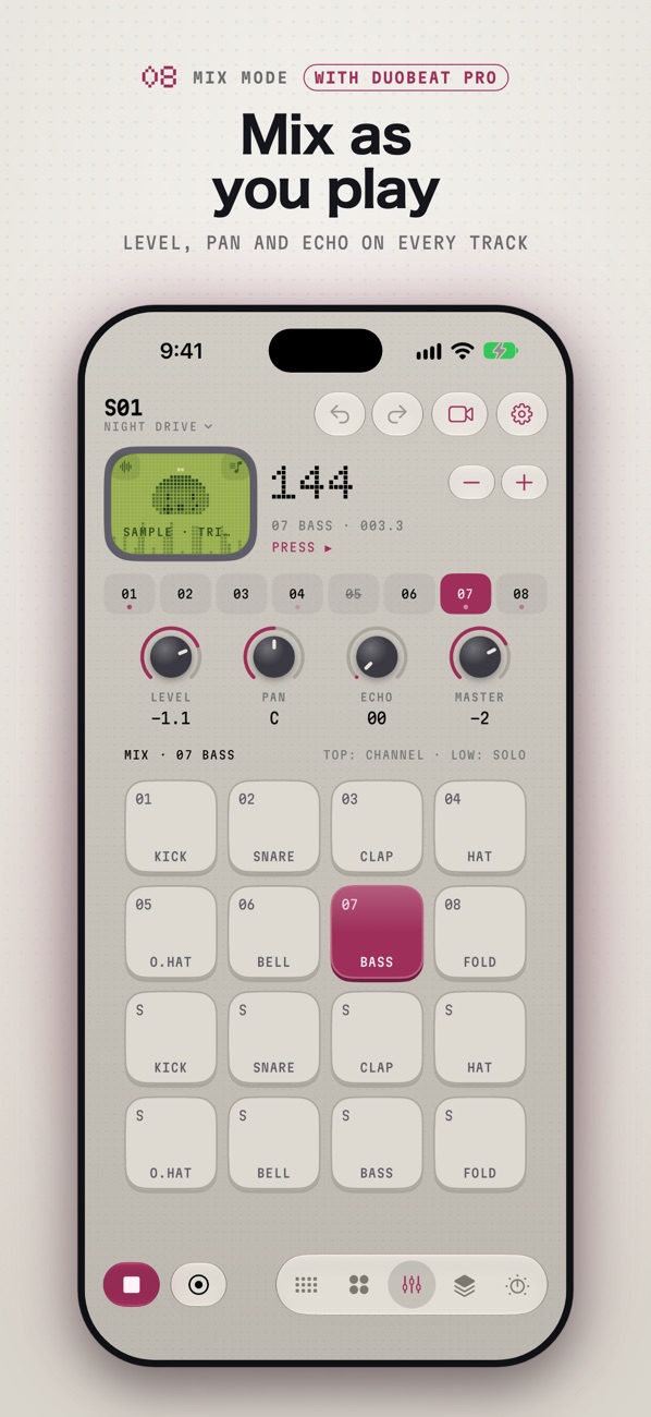 DuoBeat mix mode with level, pan, and echo on every track