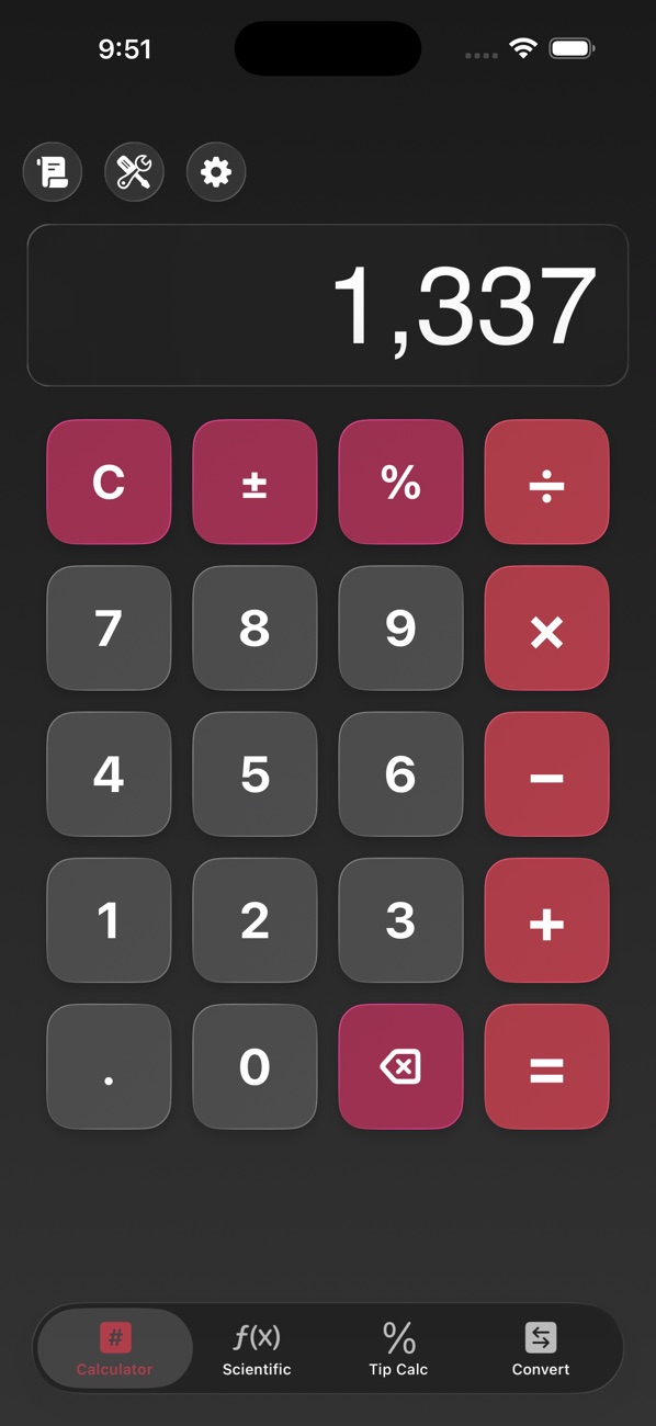 Mathintosh basic calculator in a dark theme