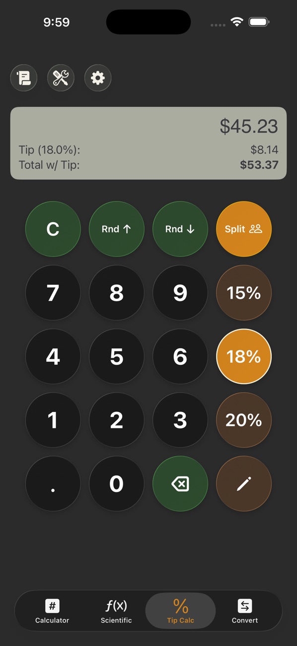 Mathintosh tip calculator with rounding and split options