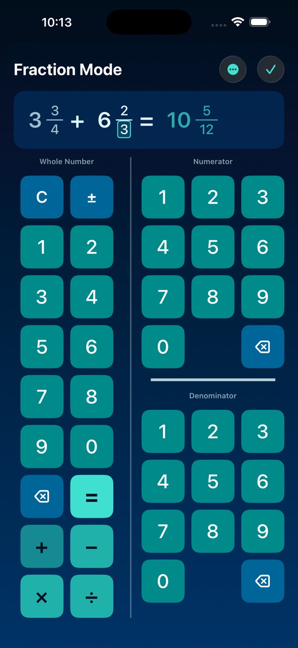 Mathintosh fraction mode with separate numerator and denominator keypads