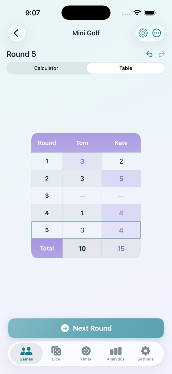 RoundsKeeper table view showing every round