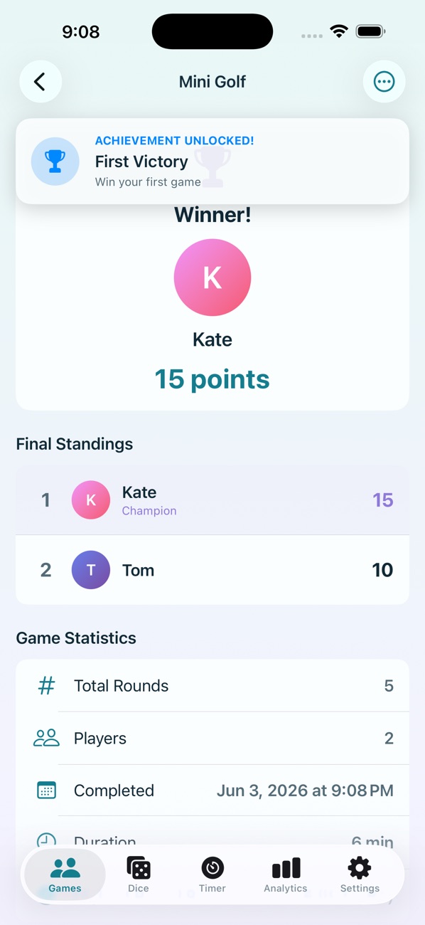 RoundsKeeper winner screen with an achievement and final standings