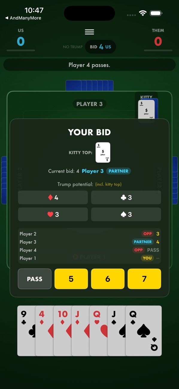 Setback bidding screen with the kitty card and trump potential