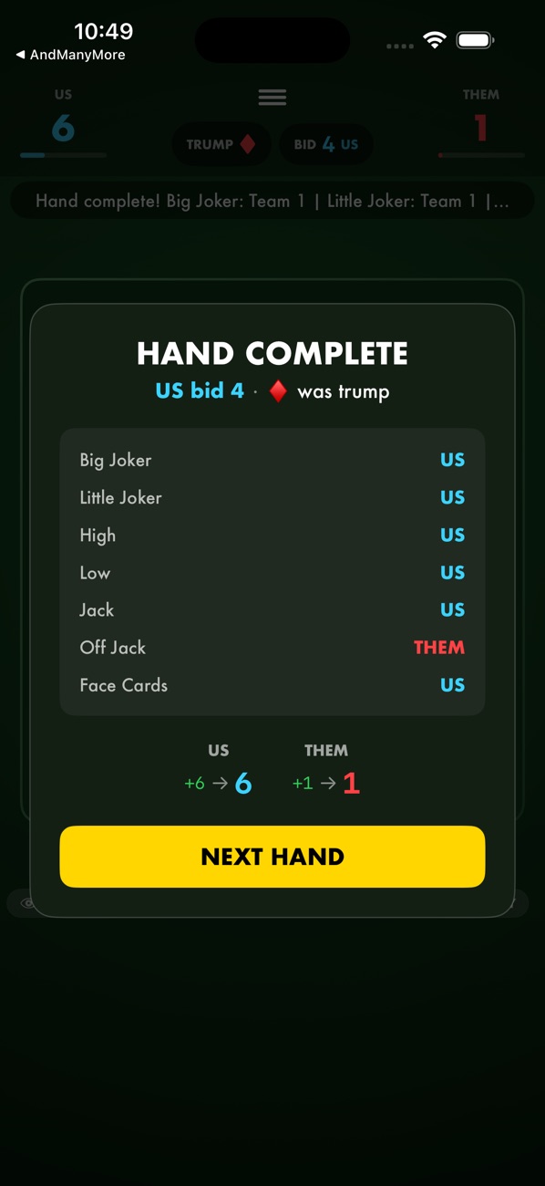 Setback hand complete summary with points for each team